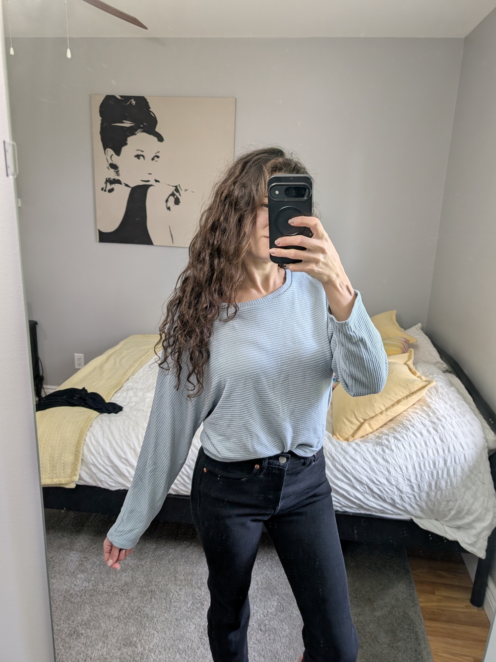 Garage Light Blue Ribbed Long-Sleeve Crewneck Top